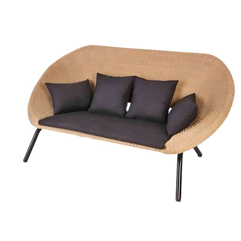 "Waterproof Wicker/Rattan Modern Sofa with Upholstered Black Cushions and Pillows - 2-Seater Sofa"