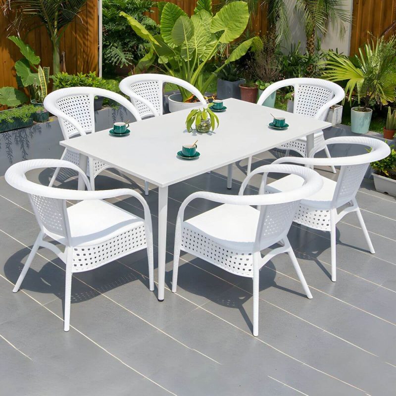 "Contemporary White Metal Dining Table Furniture Set with Chairs for Courtyard - Table & Chair(s) 63"L x 35.5"W x 28.3"H 6"