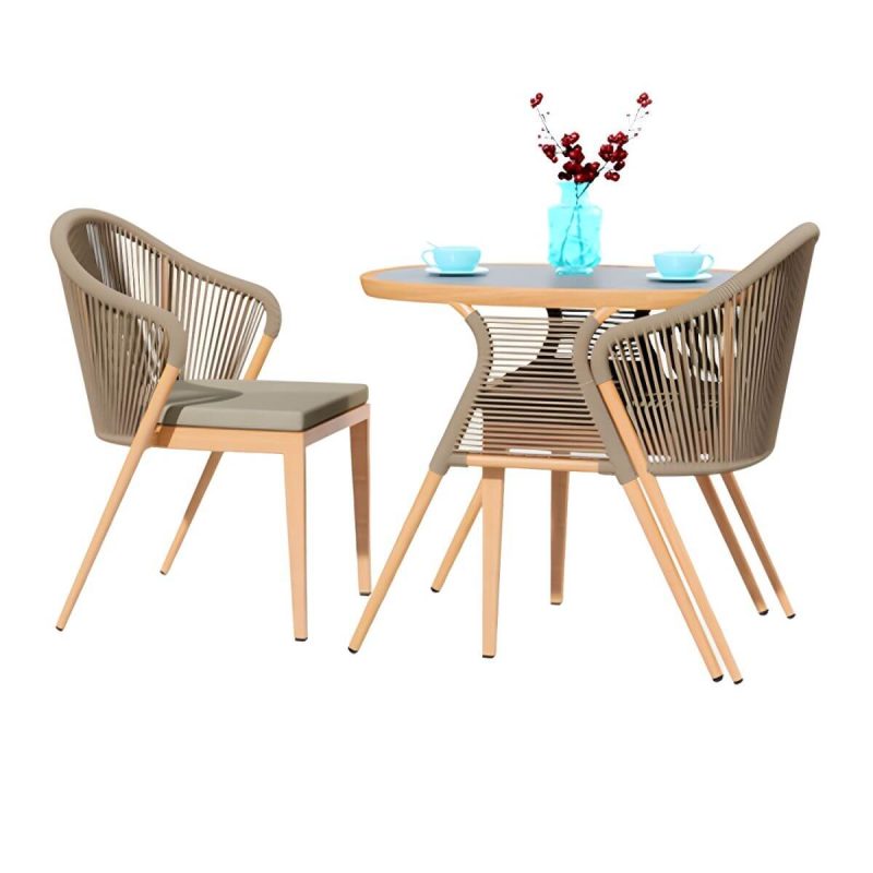 "Contemporary Dining Table Set with Oval Top and 2 Woven Chairs for Courtyard - Table & Chair(s) 2 Walnut/ White"
