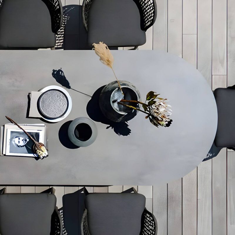 "Contemporary Style Stone Patio Table Oval Shape with Metal Legs in Grey/White - Table Only 70.9"L x 31.5"W x 29.5"H Gray"