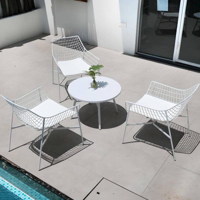 "Industrial Style Courtyard Sofa Set Metal with Round Coffee Table - 4-Piece Set (3 Chairs & Coffee Table) White"