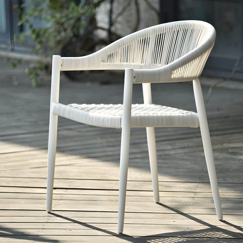 "Weatherproof White Wicker Patio Dining Set with Set of Stackable Chairs - Chair(s) 22"L x 23"W x 31"H"