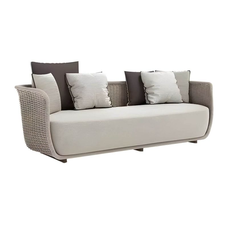"Waterproof Wicker/Rattan Modern Sofa with Upholstered Cushions and Pillows - Teak Frame - Apricot 3-Seater Sofa"