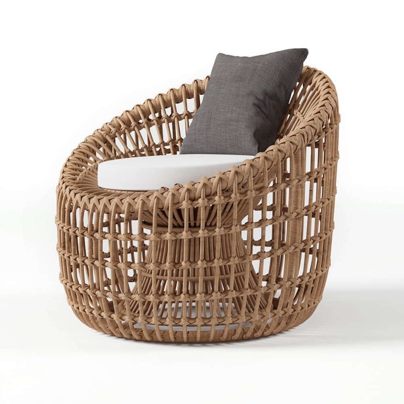 "Austen Rattan Outdoor Barrel Chair Nest Shape Sidechair with Cushion in Brown"