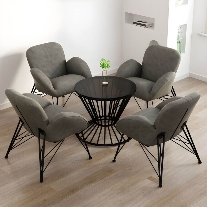 "Contemporary Outdoor Dining Table Furniture Set with Black Round Top for Courtyard - Table & Chair(s) 4 Grey"