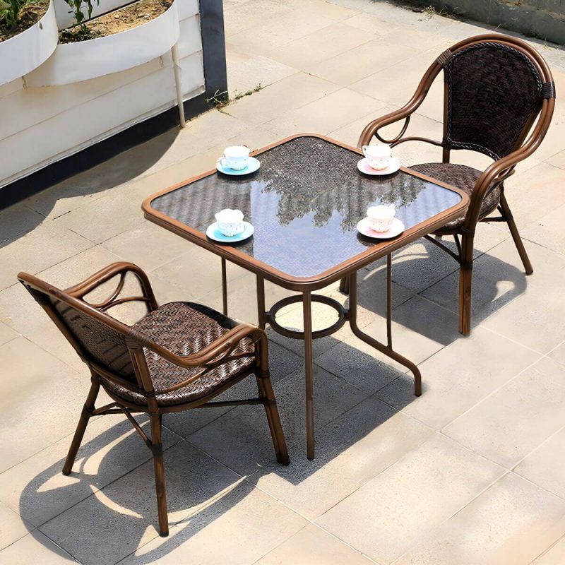 "Modern Brown Glass Top Patio Table Set Metal 4 Legs for Outdoor - Table & Chair(s) 32"L x 32"W x 30"H 2"