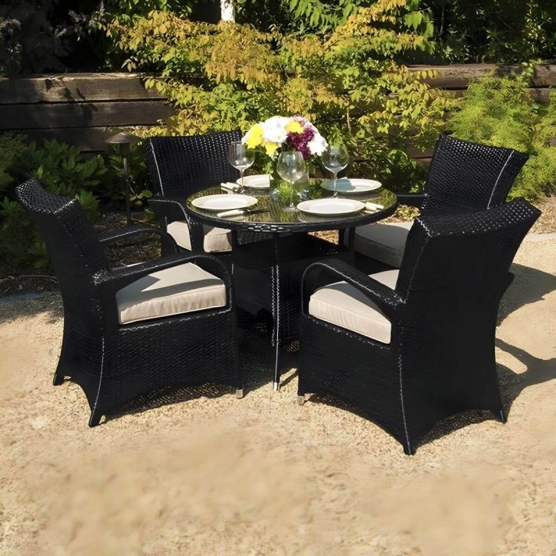 "Glass Brown Dining Table Set with Rattan Chairs for Courtyard - Table & Chair(s) 31.5"L x 31.5"W x 27.6"H 4 Black"