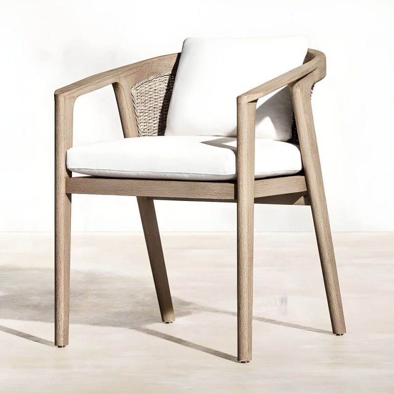 "Modern Wooden Arm Chair with Brown Frame and White Cushions for outdoor dining in the patio - With Arms Teak 26"L x 25"W x 33"H"
