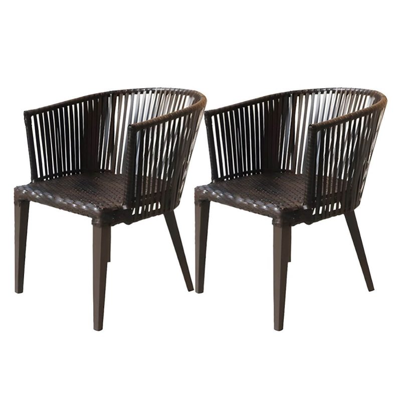 "Traditional Brown Wicker Arm Chair with Wicker Back for Patio Dining, UV Resistant and Non-Swivel - 2 Piece Set"