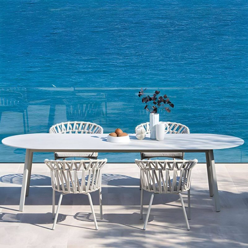 "Contemporary Style Stone Patio Table Oval Shape with Metal Legs in Grey/White - Table Only 70.9"L x 31.5"W x 29.5"H White"