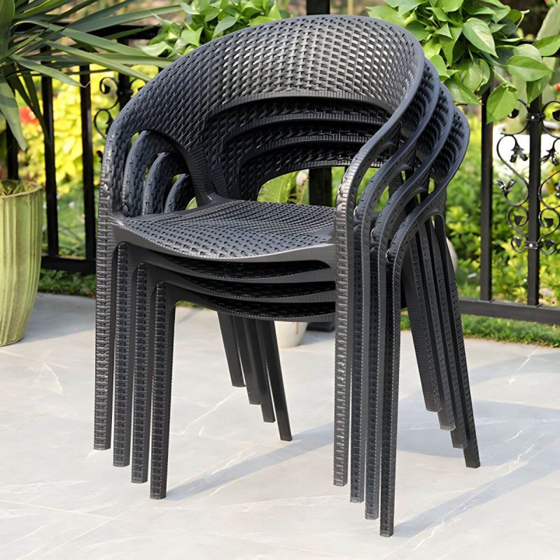 "Contemporary Black Plastic Outdoor Bistro Chairs with Arms and 4 Legs - 4 Piece Set"