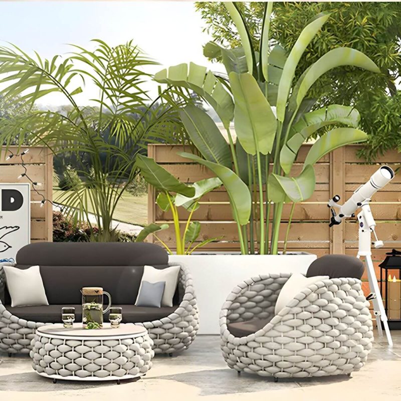 "Contemporary Gray Metal Frame Outdoor Patio Sofa with Cushion - 3-Seater Sofa"