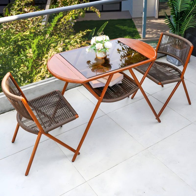 "Contemporary Table Furniture Set with 2 Woven Chair for Courtyard - Table & Chair(s) 2 Glass"