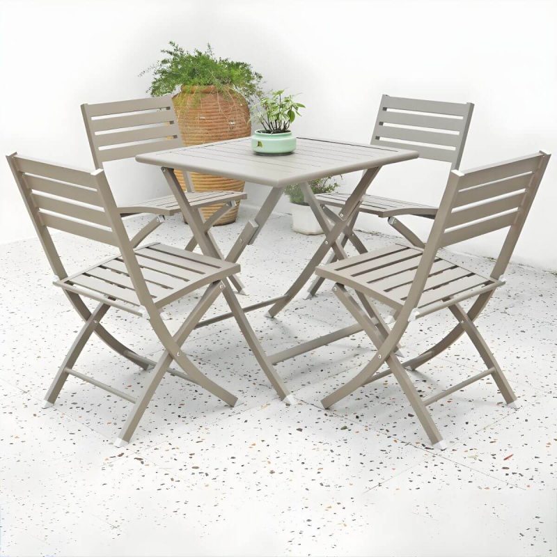 "Metal Modern Folding Patio Dining Set with Strap Back Chairs - Table & Chair(s) 28"L x 28"W x 29"H 4 Champagne"
