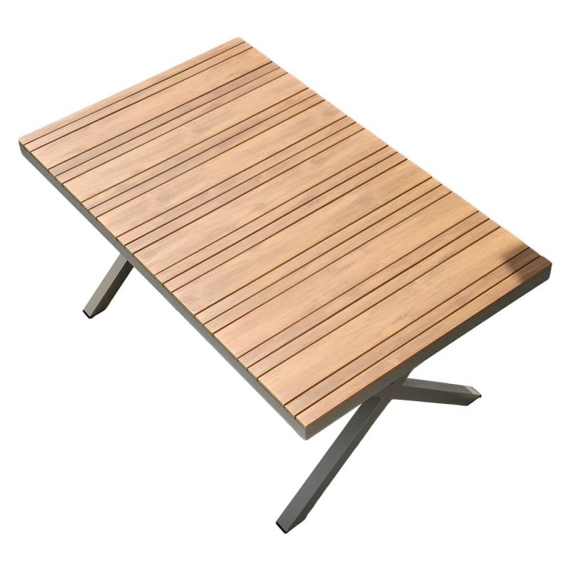 "Modern Wood Patio Dining Table with Aluminum Frame in Gray Color - Table Only 59"L x 35"W x 29"H Natural Finish Rectangular"