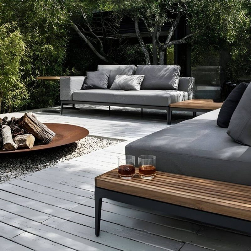 "Fade Resistant Black Metal Framed Patio Sofa with Cushions & Pillow (Modern Gray) - 2-Seater Corner Sofa"