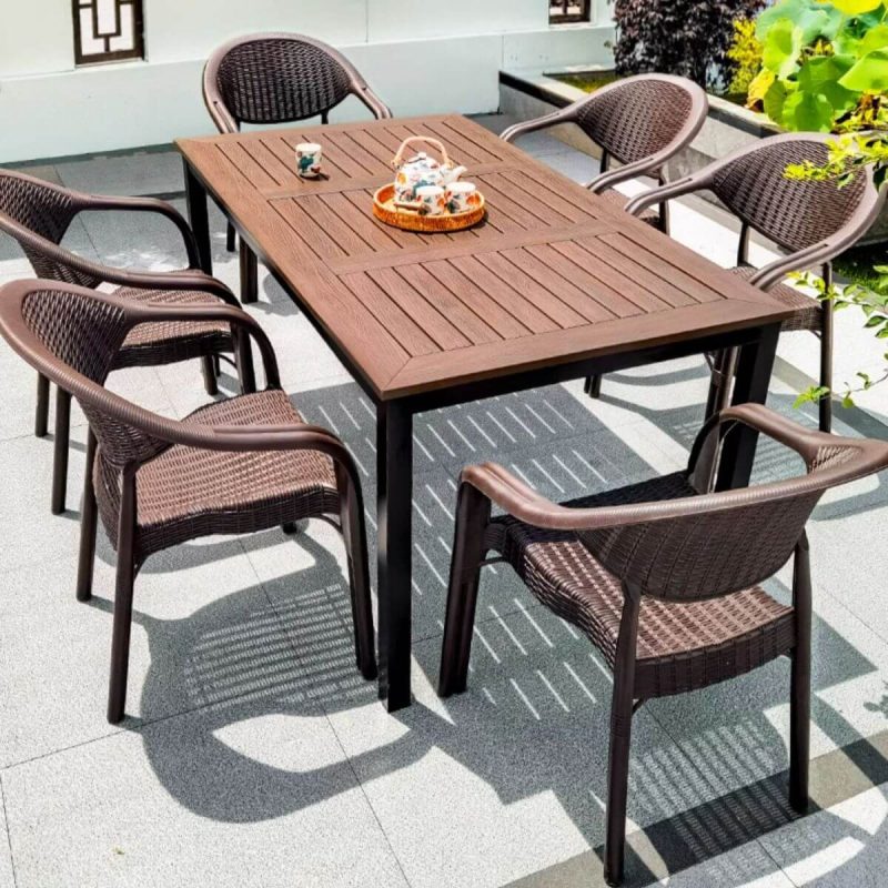 "5/7-piece Rectangular Sepia Weatherproof Manufactured Wood Outdoor Dining Set for 4/6 with Chairs - 180 x 90 x 74 cm Table & 6 Chairs"