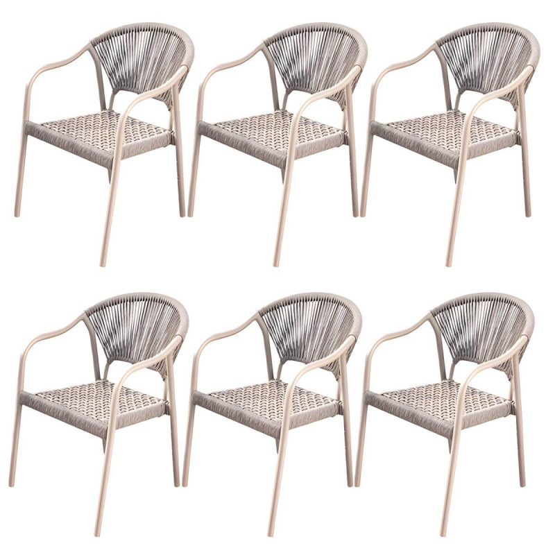 "Modern Stackable Brown Metal Arm Chair with Wicker Back for Patio Dining - 6 Piece Set"