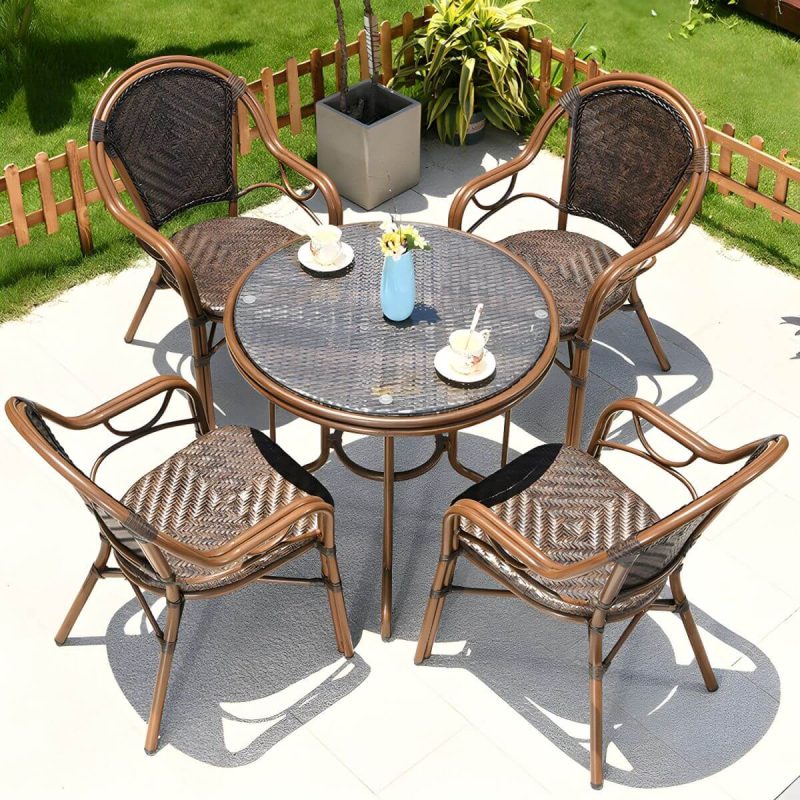 "Contemporary Dining Table Set with Brown Woven Chair for Courtyard - Table & Chair(s) 27.6"L x 27.6"W x 28.7"H 4"