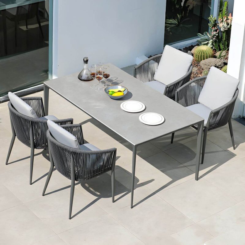 "Contemporary Dining Table Set with Woven Chairs for Courtyard - Table & Chair(s) 160 x 90 x 75 cm 4"