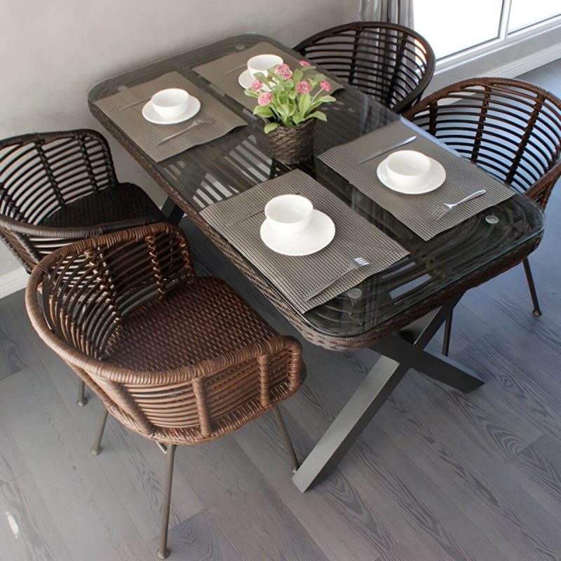 "Elegant Traditional Metal Patio Dining Set with Weatherproof Durability - Red Wood Table & 4 Chairs"