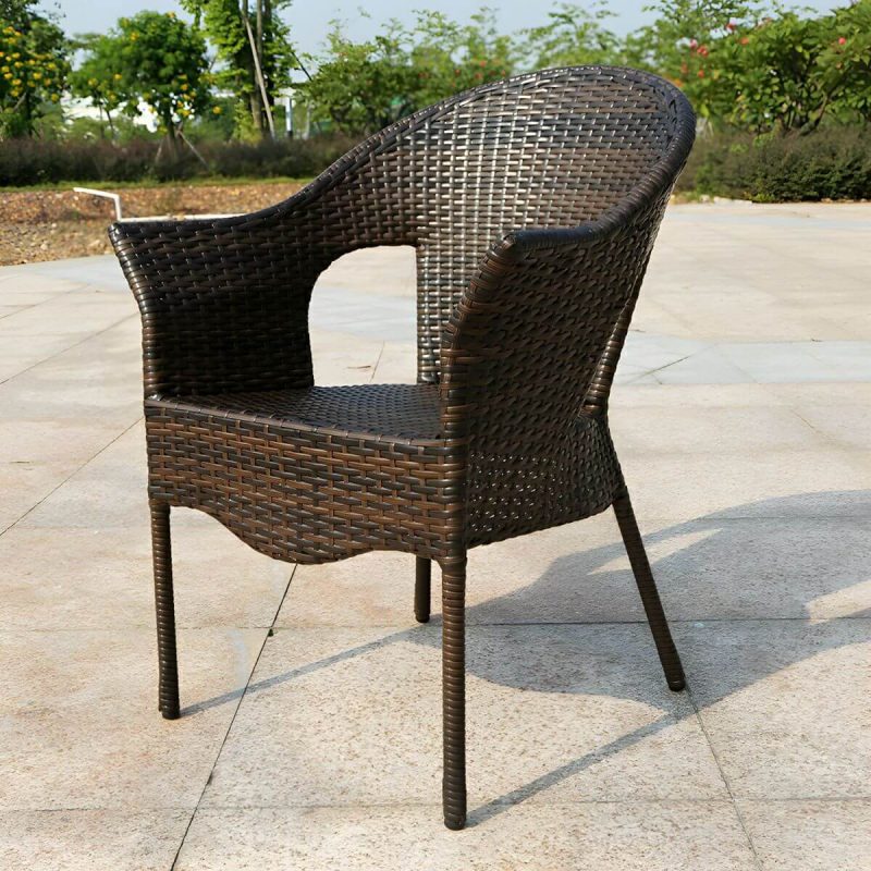 "Stackable Traditional Metal Arm Chair with Brown Wicker Back and Rust Resistant Aluminum Frame - 6 Piece Set"