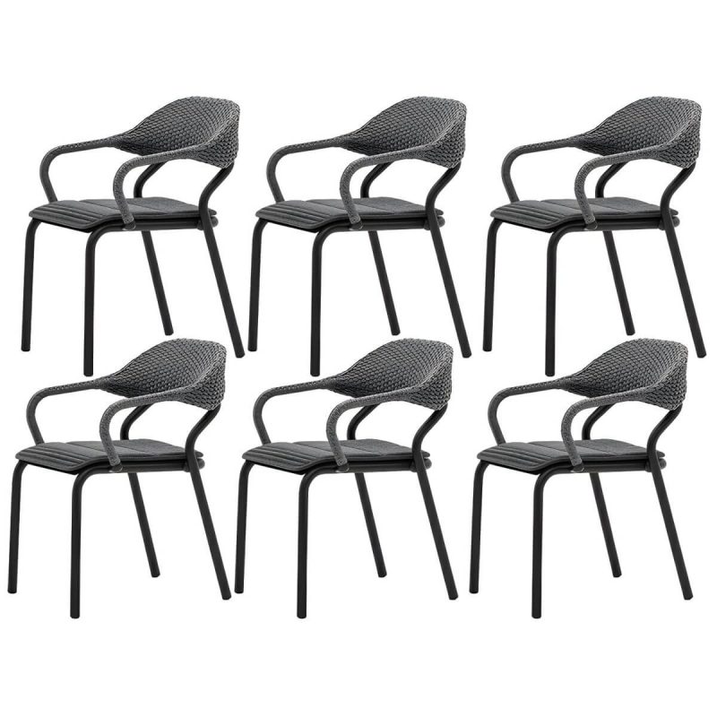 "Modern Gray Metal Patio Dining Arm Chair with Wicker Rattan Back - 6 Piece Set"