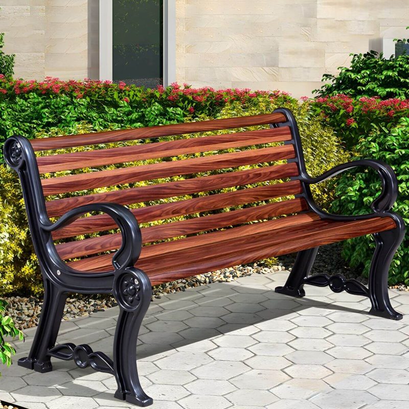 "Wood and Metal Outdoor Bench Mid-Century Modern Outdoor Picnic Bench - 59"L x 25"W x 32"H Coffee"