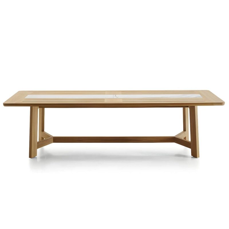 "Teak Wood Modern Patio Dining Table with Umbrella Hole - Waterproof and UV Resistant - Table Only 110"L x 39"W x 29"H Rectangular"