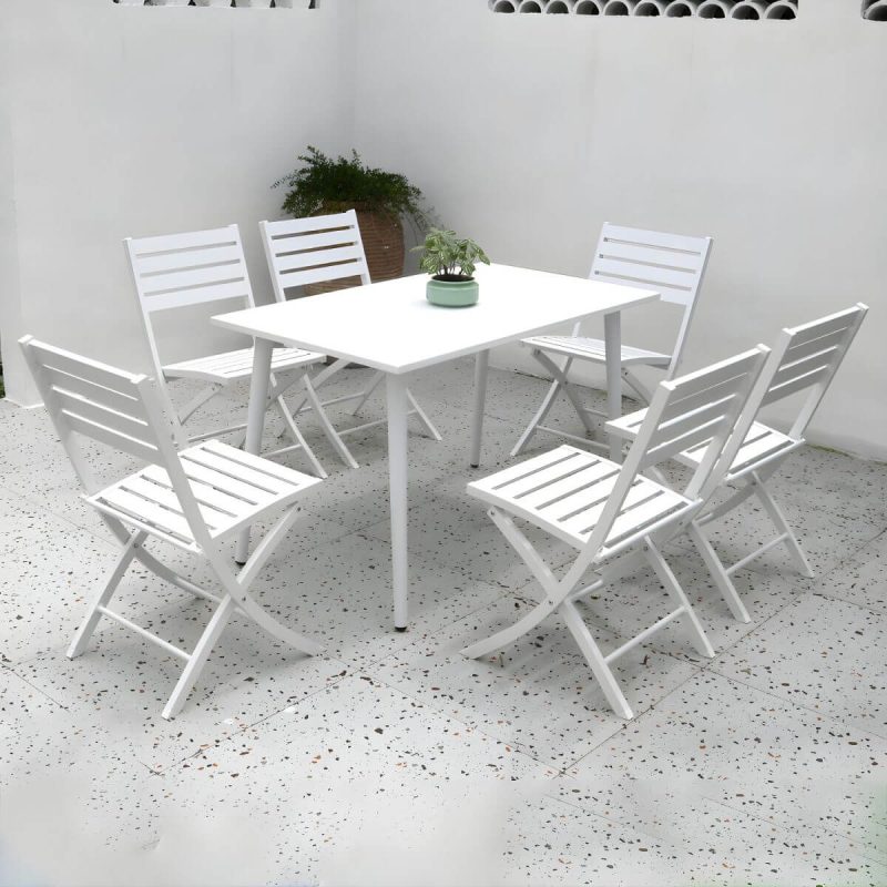 "Metal Modern Folding Patio Dining Set with Strap Back Chairs - Table & Chair(s) 47"L x 28"W x 28"H 6 White"