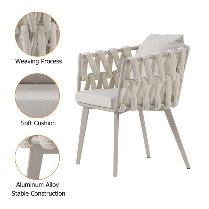 "Set of 2 Hand Woven Rope Outdoor Patio Dining Chair with Cushions in Beige"