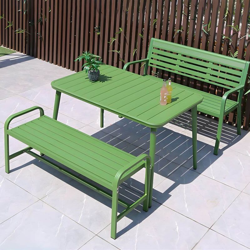 "Sleek Metal Outdoor Dining Set Rectangular Table with 2 Stylish Benches - Table & 2 Benches 47"L x 31"W x 29"H Green"