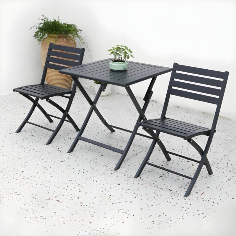 "Metal Modern Folding Patio Dining Set with Strap Back Chairs - Table & Chair(s) 28"L x 28"W x 29"H 2 Black"