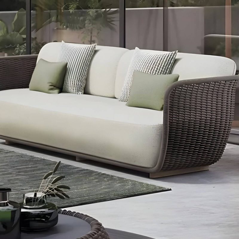 "Waterproof Wicker/Rattan Modern Sofa with Upholstered Cushions and Pillows - Teak Frame - Apricot 1-Seater Sofa"