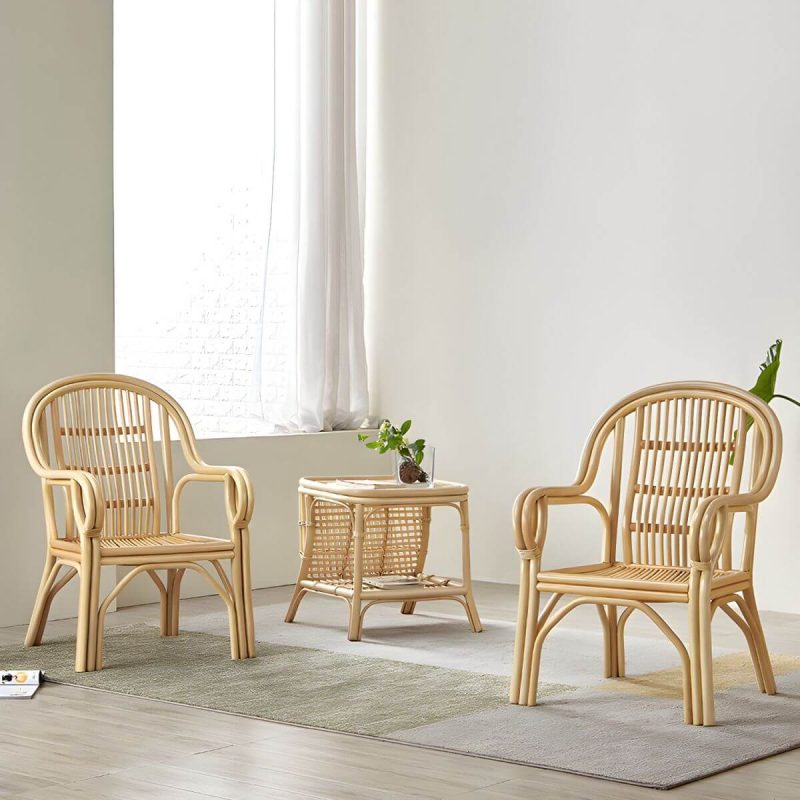 "Traditional Rattan Natural/Black Patio Arm Chair with Water Repellent Finish Cushion - Natural Finish 4 Piece Set"