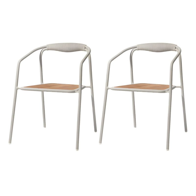 "Farmhouse Aluminum With Arm Open Back Stacking Patio Dining Chair - 2 Piece Set White Teak"