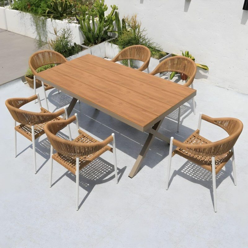 "Weatherproof Outdoor Aluminum Dining Set with Stackable Chairs and Modern Design - Table & Chair(s) 59"L x 35"W x 29"H 6"