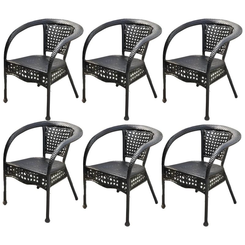 "Modern Stackable Arm Chair with Black Wicker Frame and Back for Outdoor Dining - 6 Piece Set"