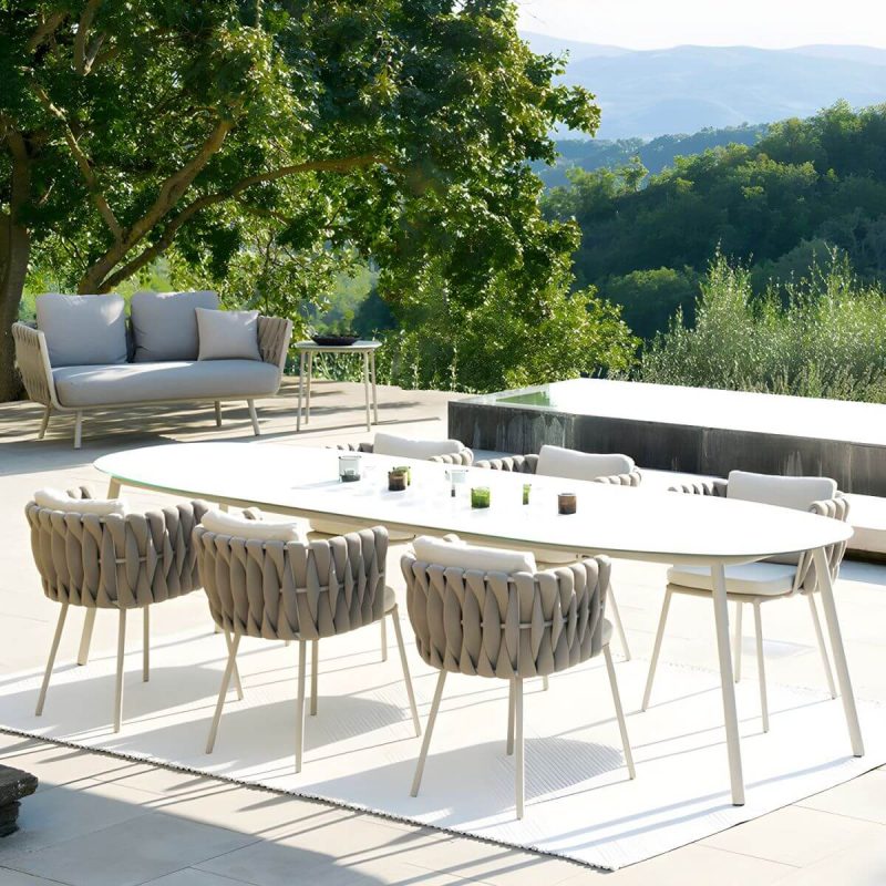 "Industrial Oval Stone Dining Table Metal Legs Dining Table for Outdoor - 94.5"L x 35.4"W x 29.5"H Table Only"
