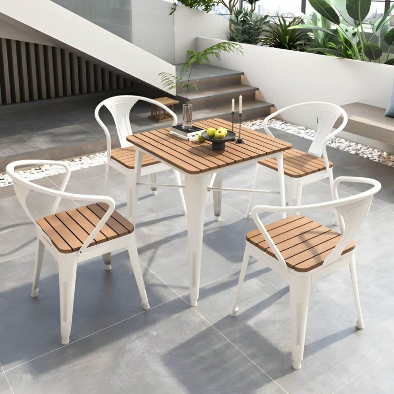 "Contemporary Style Wood Patio Table Rectangle Shape with Metal Legs in White/Black - Table Only 27.6"L x 27.6"W x 29.5"H White"