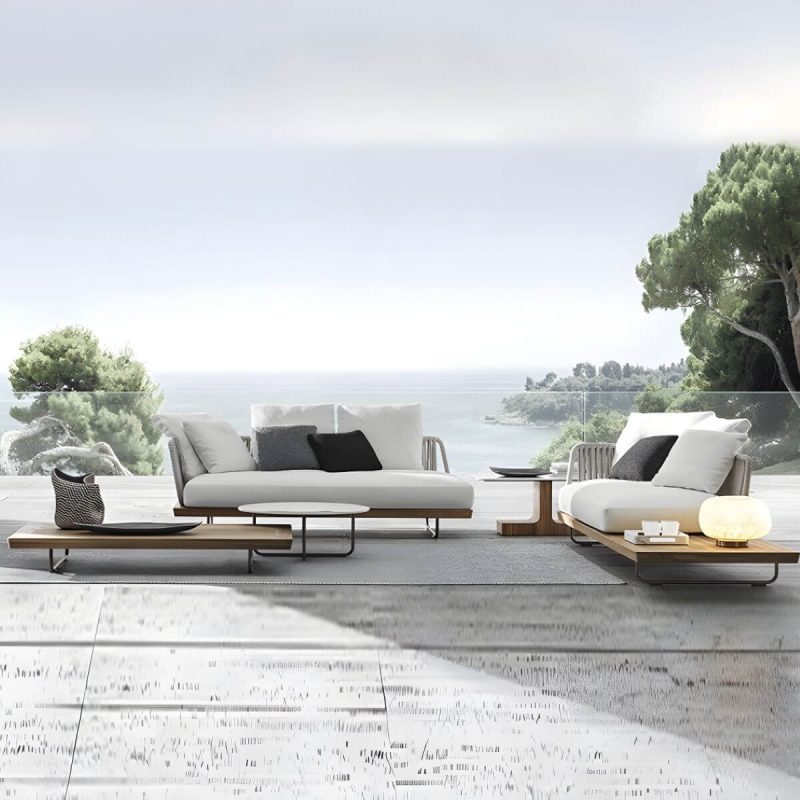 "Contemporary Water Resistant Solid Wood Patio Sofa with Cushions - Left Corner Sofa"