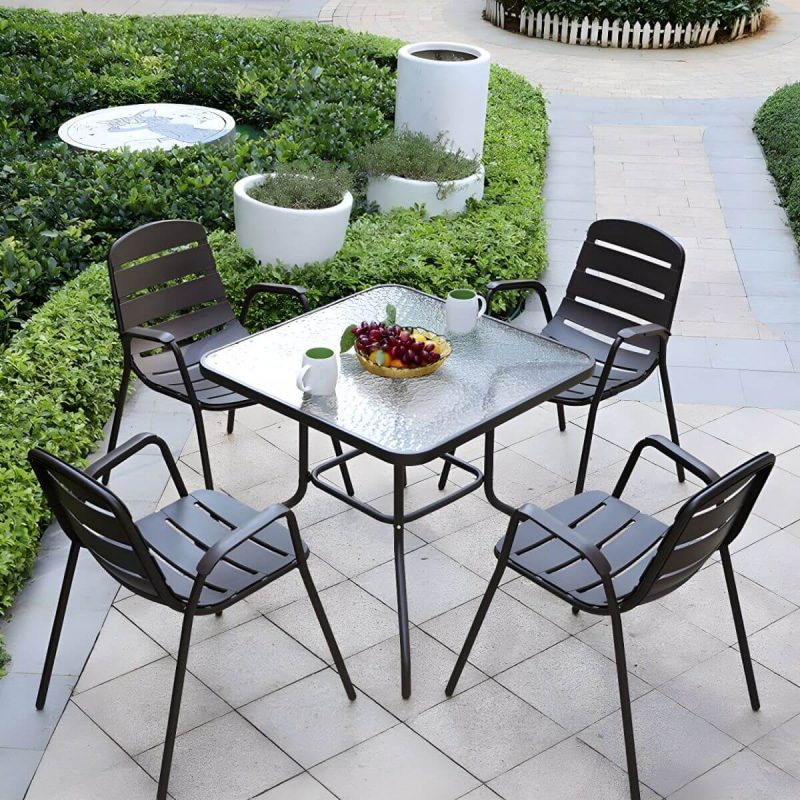 "Modern Black Metal Arm Chair with Stackable Design and Waterproof Durability - 8 Piece Set"
