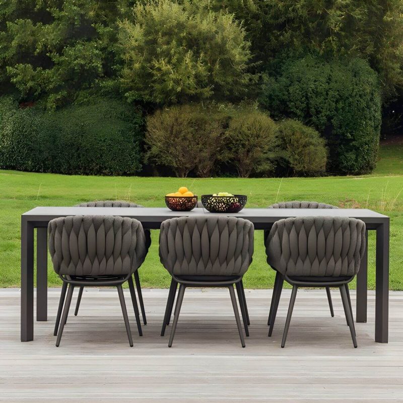 "Modern Gray Aluminum Arm Chair with Sling Back for Outdoor Dining - 4 Piece Set"