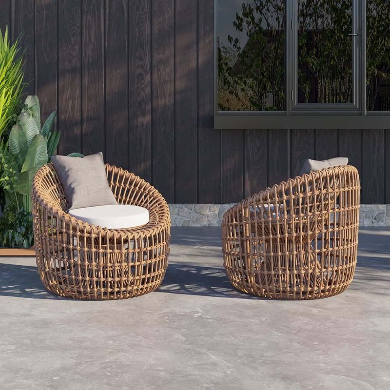"Austen Rattan Outdoor Barrel Chair Nest Shape Sidechair with Cushion in Brown"