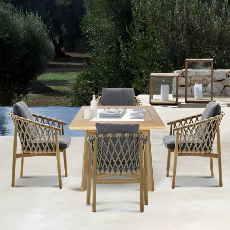 "Teak Wood Modern Patio Dining Table with Umbrella Hole - Waterproof and UV Resistant - Table Only 110"L x 39"W x 29"H Rectangular"