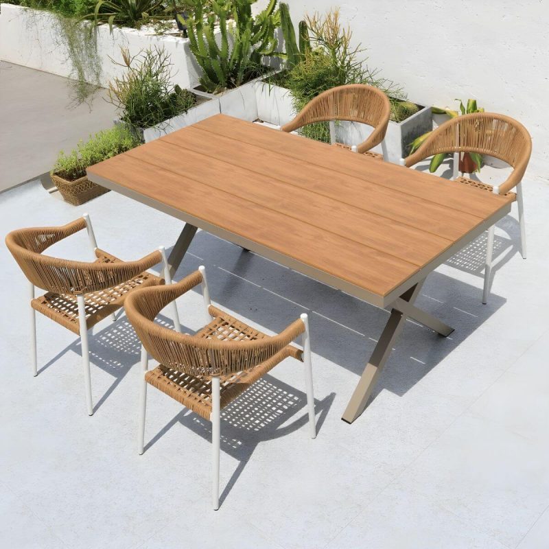"Weatherproof Outdoor Aluminum Dining Set with Stackable Chairs and Modern Design - Table & Chair(s) 59"L x 35"W x 29"H 4"