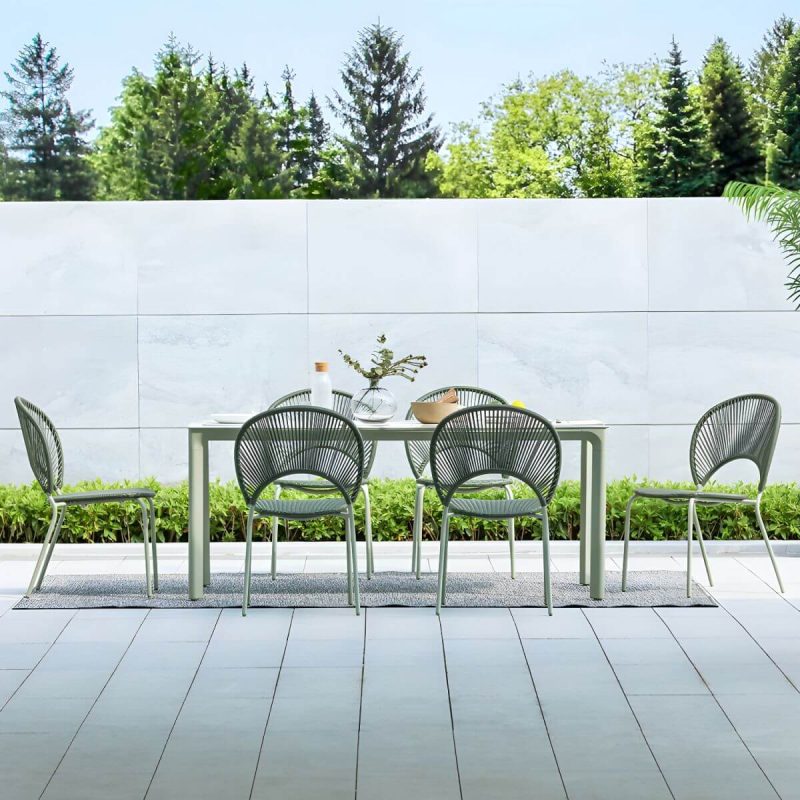 "Contemporary Glass Dining Table Set with 2/4 Woven Chairs in Green - Table & Chair(s) 71"L x 35"W x 29"H 6"
