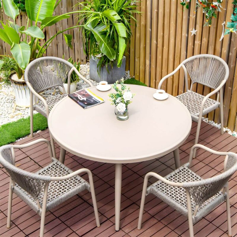 "Modern Stackable Brown Metal Arm Chair with Wicker Back for Patio Dining - 2 Piece Set"