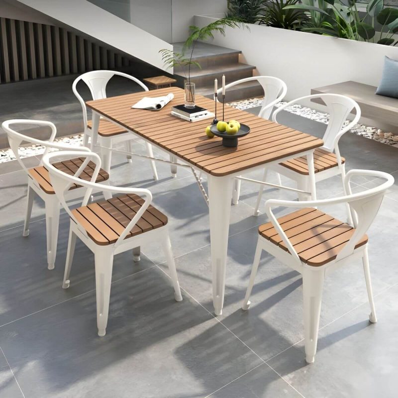 "Contemporary Style Wood Patio Table Rectangle Shape with Metal Legs in White/Black - Table Only 55.1"L x 27.6"W x 29.5"H White"