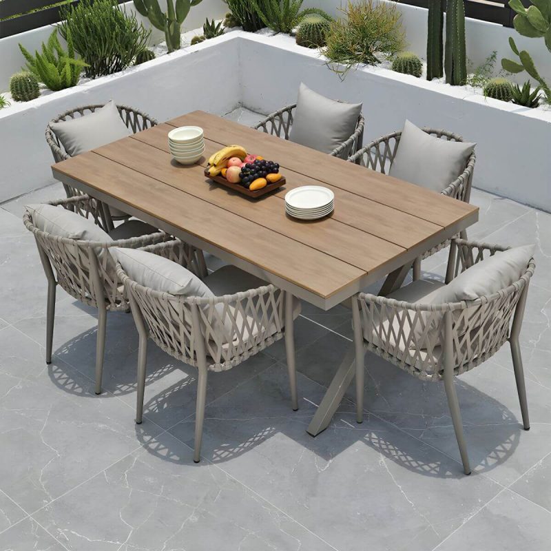 "Modern Aluminum Dining Table with Umbrella Hole in Brown and Gray Finish - Table Only 71"L x 35"W x 29"H"